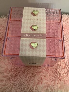 New Pink 3-Tier Acrylic Makeup Jewel Drawer Organizer with Gold Heart Pulls